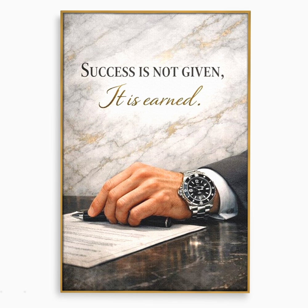 Tablou canvas cu tablou canvas cu citat motivational si mana cu ceas, in rama de aluminiu auriu